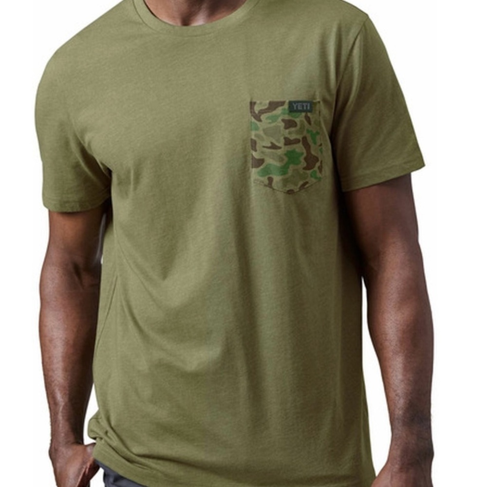 YETI Men's Green Tee with Camo Pocket